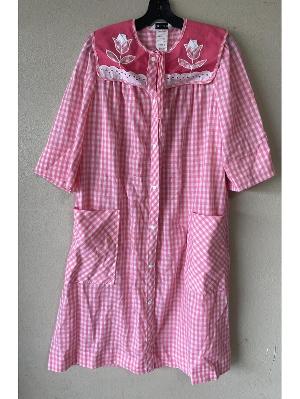Vintage Pink Gingham Button-Front Nightgown with Embroidered Yoke